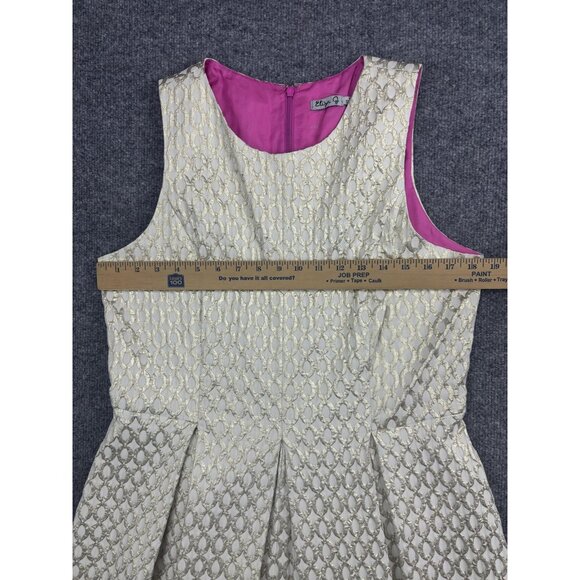 Eliza J Dress Womens 14 Cream Gold Brocade Fit Flare Sleeveless Pockets Party - Picture 3 of 8